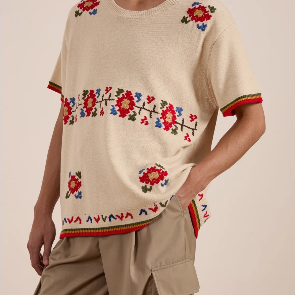 FOUND Floral Knit Short Sleeve Sweater XS